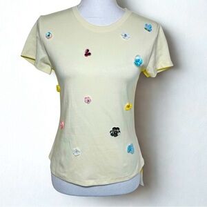 Rosie Posie Floral Embellished Short Sleeve Tee Pale Yellow Women Small NWT